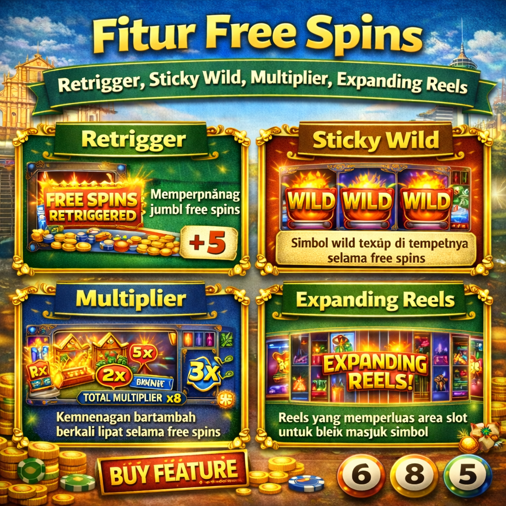 Fitur Free Spins: retrigger, sticky wild, multiplier, expanding reels